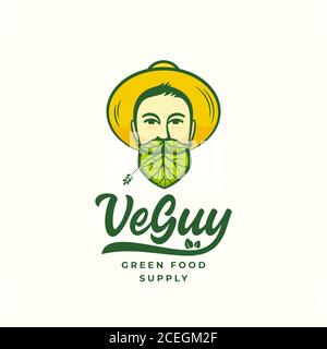 VeGuy Abstract Vector Sign, Symbol or Logo Template. Young Man in Gardener Hat. Face with Leaves Incorporated in Beard and Moustache. Vegan or Stock Vector
