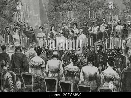 Austria, Vienna. Meeting between the Emperor of Austria, Franz Joseph I (1830-1916), and the King of Italy, Humbert I (1844-1900). Official banquet held on 30 October 1881 in the meeting Hall of the Imperial Palace in Vienna (Hofburg), in honour of the Italian monarchs, Humbert I and Margherita of Savoy (1851-1926). Emperor Franz Joseph toasting the kings of Italy. Engraving by Bernardo Rico (1825-1894). La Ilustracion Española y Americana, 1881. Stock Photo