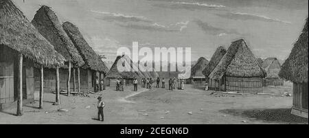 First attempt to build a canal in Panama by a French company. 1881. Works for the construction of the Panama Canal. Main street of the Gorgona workers' station, between Name and Matachin. Engraving. La Ilustracion Española y Americana, 1881. Stock Photo