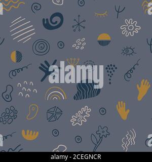 Seamless pattern with abstract hand drawn squiggles on gray background. Vector illustration. Stock Vector