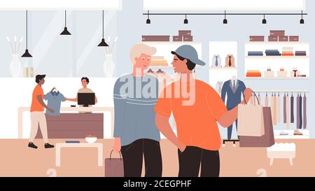 Fashion discount sales flat vector illustration. Cartoon friends characters shopping with bags, client man buyer buying new clothes at salesman standing at counter in clothing retail shop background Stock Vector