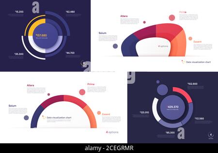 Set of vector circle chart designs, modern templates for creating infographics, presentations, reports, visualizations Stock Vector