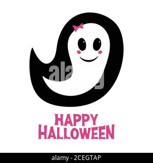 Cute girl ghost with pink blush, bow and Happy Halloween lettering. Holiday greeting card. Isolated on white background. Vector stock illustration. Stock Vector