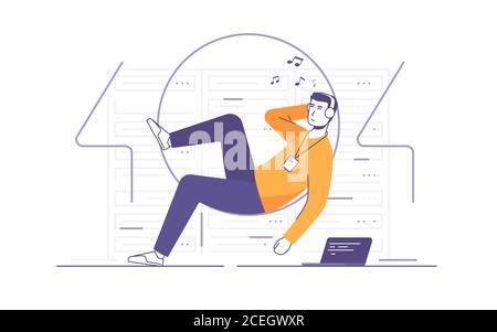Vector illustration of a relaxed it technician, network engineer listening to the music in a server room. 404 error page Stock Vector