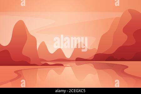 A marvelous landscape with the river and mountains at sunset Stock Vector