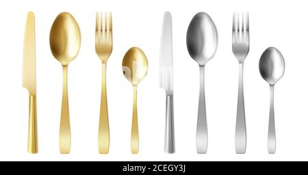 3d cutlery of golden and silver color fork, knife and spoon set. Silverware and gold utensil, catering luxury metal tableware top view. isolated on white background, Realistic vector illustration, Stock Vector