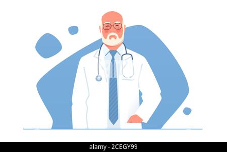 Vector illustration of an older physician, doctor, professor of medicine with stethoscope Stock Vector