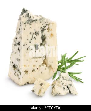 Blue cheese with rosemary isolated on white background with clipping path and full depth of field. Stock Photo