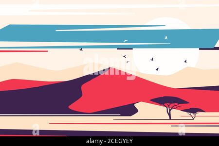 Bright sunrise over the desert sand dunes. Vector illustration Stock Vector
