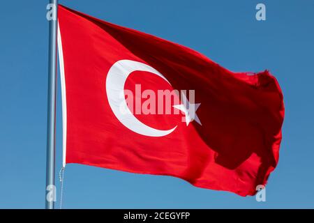 Turkey flag waving in wind Turkish background Stock Photo