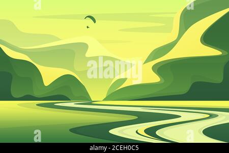 Mountain landscape with peaceful river valley in the summer. Vector illustration Stock Vector