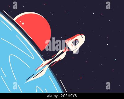 Vector illustration of a reusable spacecraft entering into orbit around the planet Stock Vector