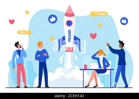 Brand business startup flat vector illustration. Cartoon businessman group characters working, launching rocket, successful branding or rebranding, starting new product or service isolated on white Stock Vector