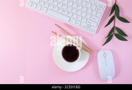 Female office workplace with keyboard, computer mouse, cup of coffee and plant on pink background. Flat lay, top view Stock Photo