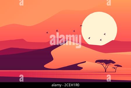 Vivid sunset over the african desert dunes. Vector illustration Stock Vector