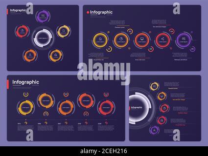 Collection of various vector infographic templates on a deep blue background. Five options Stock Vector
