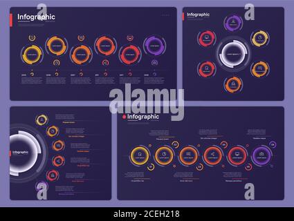 Collection of various vector infographic templates on a deep blue background. Six options Stock Vector