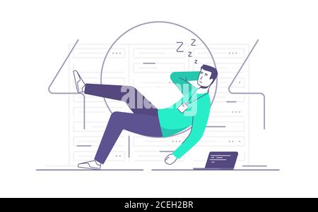 Vector illustration of a relaxed it technician, network engineer sleeping a server room. 404 error page Stock Vector