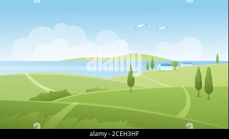 Summer river landscape vector illustration. Cartoon flat panoramic natural scenery with green grass farm fields and farmers houses on riverbank, farmland countryside nature in summertime background Stock Vector