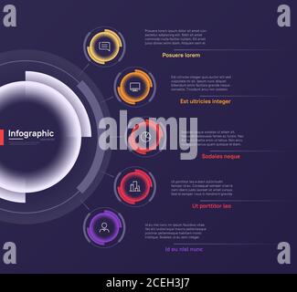 Vector infographic round chart template on a deep blue background. Five options Stock Vector