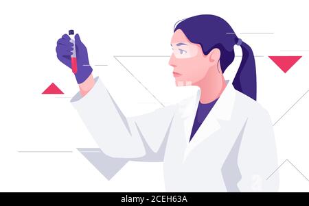 A woman medical scientist works with the blood sample. Vector illustration on the topic of medicine, science, research, microbiology Stock Vector