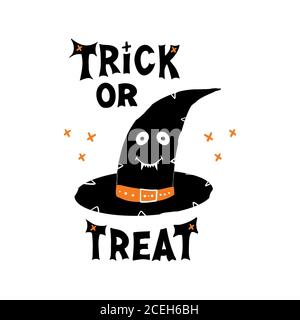 Witch hat with cute smiling face and Trick or treat lettering and doodle cross elements. Holiday greeting card. Isolated on white background. Vector Stock Vector