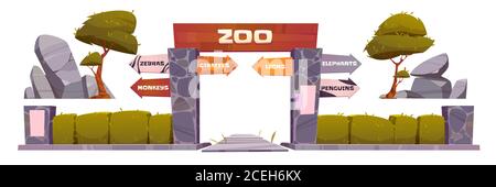Zoo entrance with wooden board on arch. Vector cartoon set of zoological garden with entry gates, direction signs to different animals, stones, trees and bushes isolated on white background Stock Vector