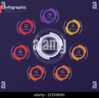 Stylish colorful vector infographic circle chart template on a deep blue background. Seven options Stock Vector
