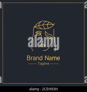 Female face made of leaf golden feminine logo design template Stock Vector