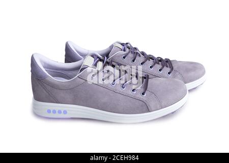 Men's purple nubuck leather sneakers isolated on white background, leather lace, fabric lining and light platform soles for maximum comfort Stock Photo