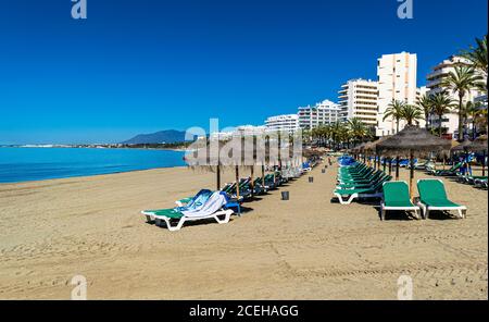 Beachside view of Marbella's Hotels along the Costa del Sol, Spain Stock Photo