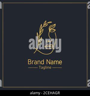 Female face made of leaf golden feminine logo design template Stock Vector