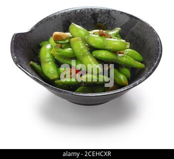 spicy garlic edamame (green soy beans) isolated on white background Stock Photo