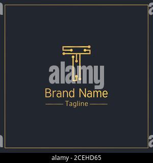 Letter T made from lines and dots golden professional logo design template Stock Vector