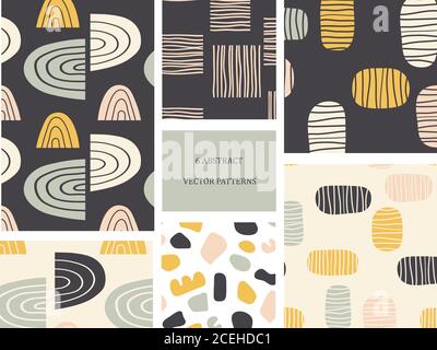 Set of cute abstract seamless patterns. Endless texture for wallpaper, home textile, fabric,carpets,covers,stationery. Different shapes in hand drawn Stock Vector