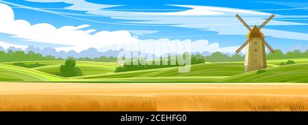 Wheat fields and grass meadows. Hills with blue sky and clouds. Windmill for flour production. Rural landscape. Countryside. Rye, barley, oats. Flat Stock Vector