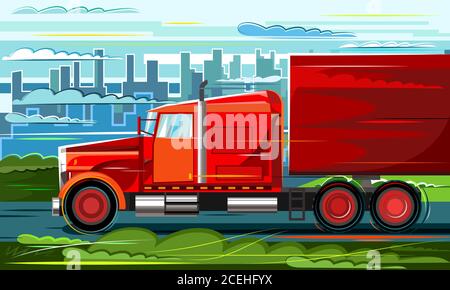 Large cargo truck. Vector illustration. Driving along the road past the city. Flat style. Transportation of heavy loads by road. Land logistics transp Stock Vector