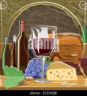 Wine Vault. Vector illustration. Barrels, bottles, cheese, grapes, stone walls. Product tasting. A glass of red wine. Stock Vector