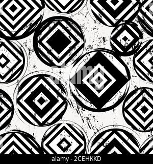 seamless background pattern, with circles, squares, strokes and splashes, black and white Stock Vector