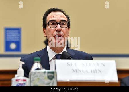 Washington, DC. 1st Sep, 2020. United States Secretary of the Treasury Steven T. Mnuchin testifies before the House Select Subcommittee on the Coronavirus Crisis on Capitol Hill in Washington, DC, on September 1, 2020.Credit: Nicholas Kamm/Pool via CNP | usage worldwide Credit: dpa/Alamy Live News Stock Photo