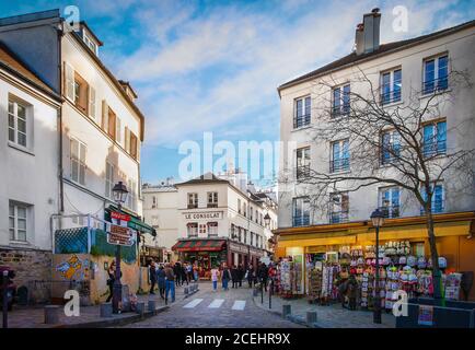 Paris, France, Feb 2020, view of Norvins street a paved street in the heart of Montmartre district Stock Photo
