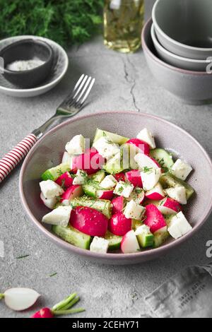 Radish, cucumber, kiwi, cheese and dill salad in a bowl on gray grunge concrete background. Seasonal Cooking, food styling. Raw foods concept. Stock Photo