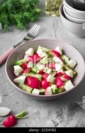 Radish, cucumber, kiwi, cheese and dill salad in a bowl on gray grunge concrete background. Seasonal Cooking, food styling. Raw foods concept. Stock Photo