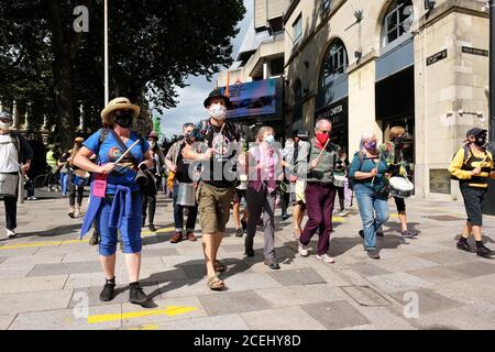 Cardiff, Wales, UK - Tuesday 1st September 2020 - Extinction Rebellion ( XR ) protesters march through the city centre of Cardiff en route to Cardiff Bay, protesting against climate change and the future of society. Photo Steven May / Alamy Live News Stock Photo