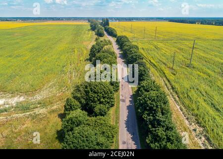 Summer rural landscape. Aerial view. View of green fields and highway Stock Photo