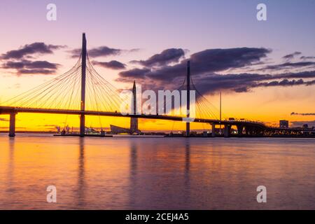 SAINT-PETERSBURG, RUSSIA, MAY 28, 2018: Skyscraper Lahta center on the shore of the Gulf of Finland at sunset. Designed by award winning British Stock Photo