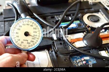 Repair of electronic systems and laptop components. Diagnostics of the hard disk, processor, cooling system, motherboard, memory modules and other sys Stock Photo