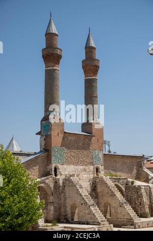 Sivas / Turkey - August 3, 2020, Double Minaret Madrasah was built in 1271 İlhanlı period. The tile decorations on the minarets are remarkable. Sivas, Stock Photo