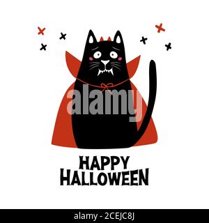 Cute cartoon cat wear vampire costume with fangs, horns and red cloak. Doodle cross elements and Happy Halloween lettering. Holiday card. Isolated on Stock Vector