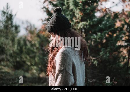 Side view of young Woman in hat standing in sunny autumn forest. Stock Photo